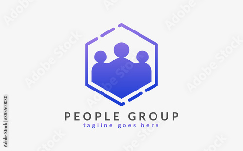 People Group on Purple Hexagon Shape. Flat Vector Logo Design Illustration.