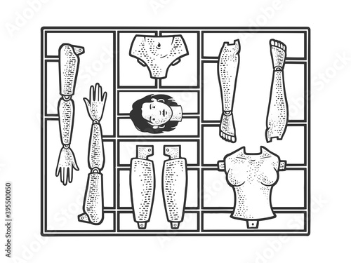 Human woman toy Construction set sketch engraving vector illustration. T-shirt apparel print design. Scratch board imitation. Black and white hand drawn image.