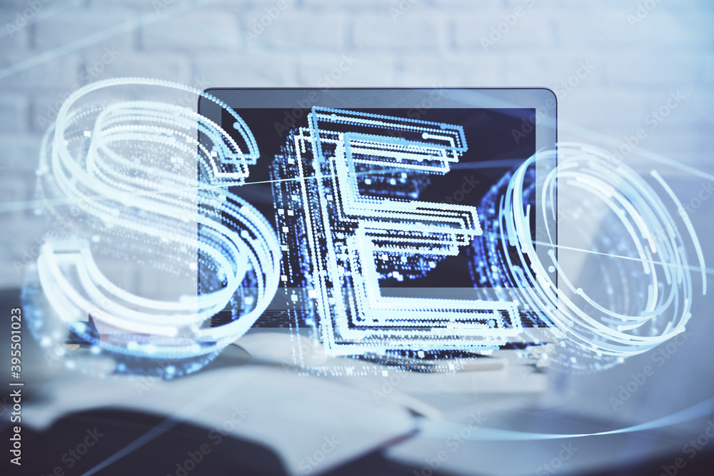 Double exposure of table with computer and seo drawing hologram. Search optimization concept. Double exposure of table with computer and seo drawing hologram. Search optimization concept.