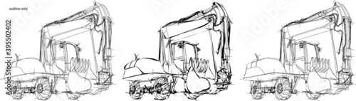 Excavator, heavy construction equipment, sketch style, vector