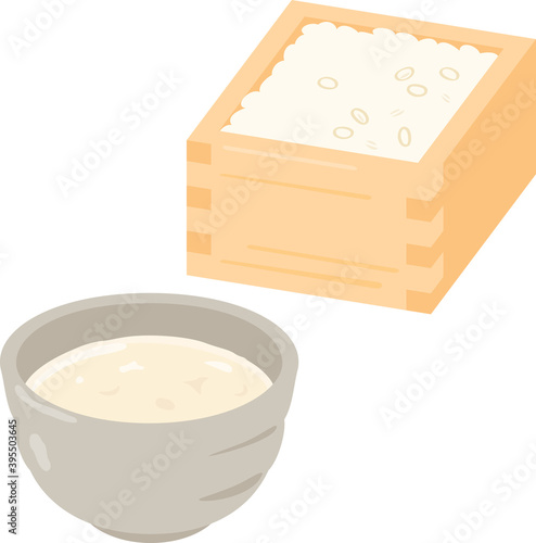 湯呑み茶碗に入った甘酒と升に入った米麹