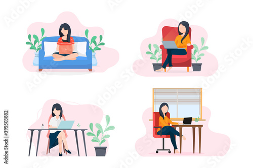 Cute character freelance job illustration sitting working with laptop , Concept staying at home or work at home to protect yourself from coronavirus , vector
