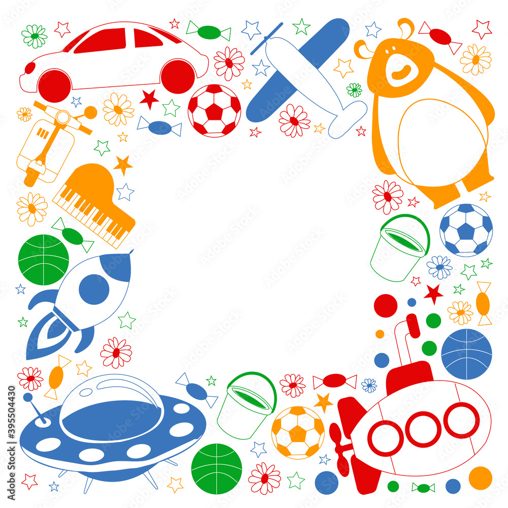 Vector pattern with toys for kids. Car, ufo, alien, airplane, teddy bear.