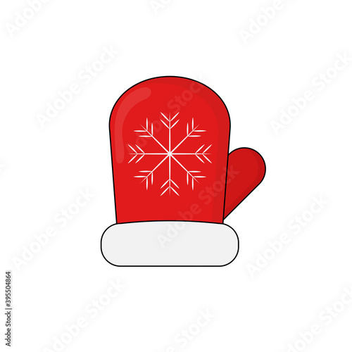 Red mitten on a white background. Mitten, glove with snowflake pattern. Santa Claus Clothes. Winter element of clothing. Vector illustration