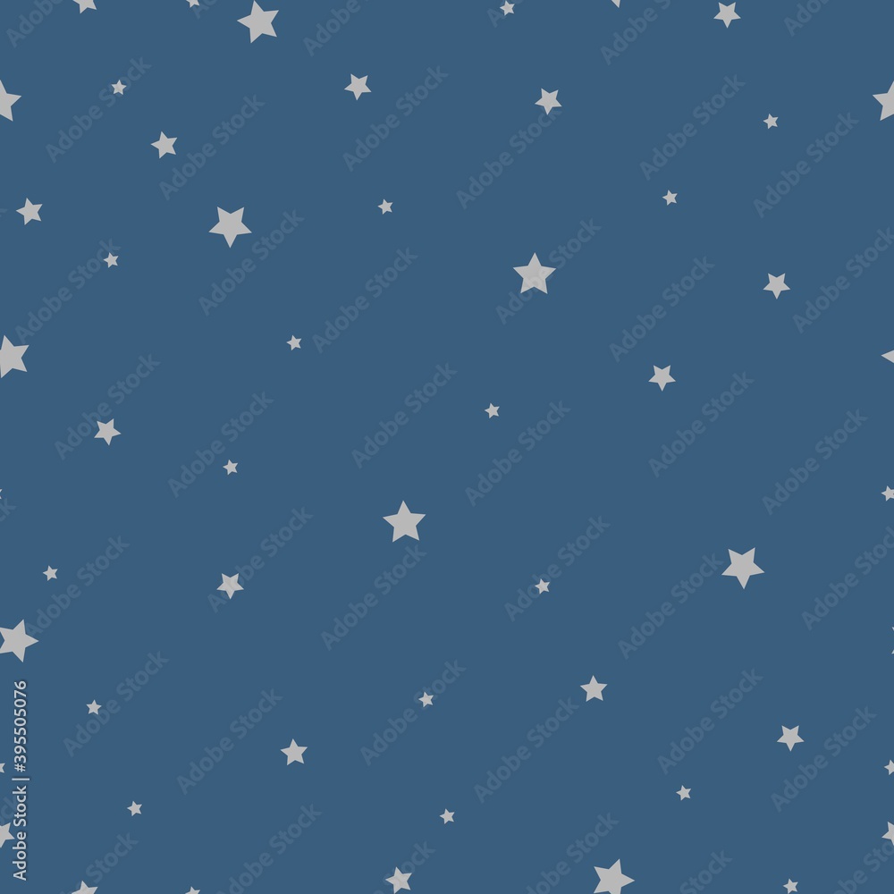Simple abstract pattern. Gray silver stars. Dark blue background. Vector texture. Fashionable elegant print for packaging and textiles.
