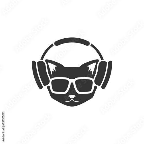 Black cat's head with headphones icon isolated on white. tough, cool tom cat.