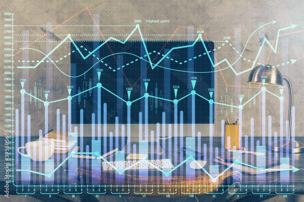 Double exposure of graph and financial info and work space with computer background. Concept of international online trading. Double exposure of graph and financial info and work space with computer background. Concept of international online trading.
