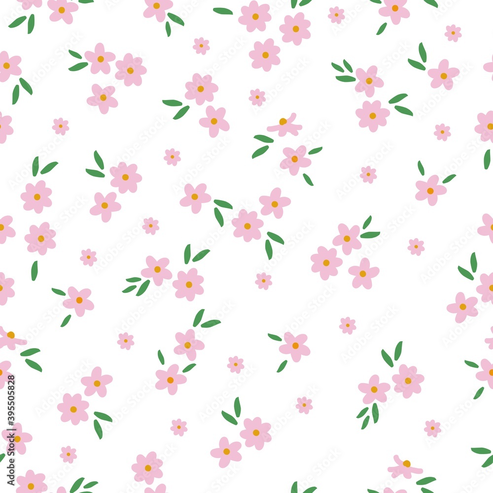 Simple vintage pattern. Small pink flowers . White background. Vector texture. Fashionable elegant print for packaging and Wallpaper, textiles.