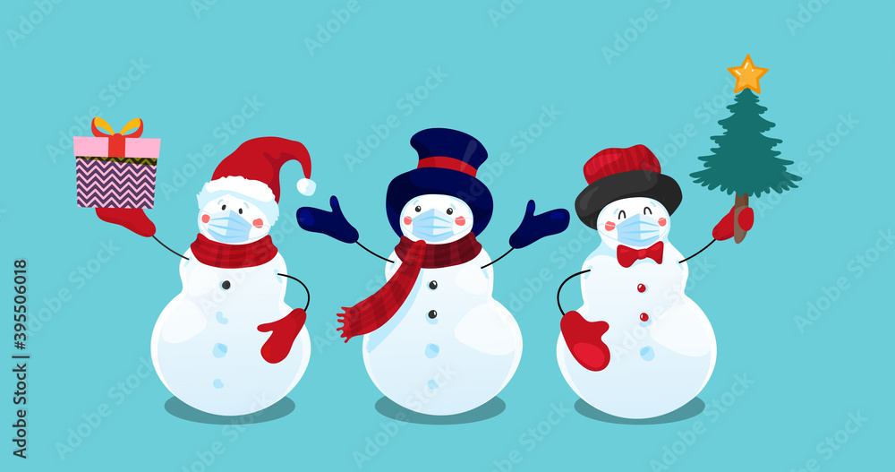 Set of three snowmen in medical masks, New Year and Christmas 2021, coronavirus epidemic. Flat vector illustration. Cartoon design. Set of three snowmen in medical masks, New Year and Christmas 2021, coronavirus epidemic. Flat vector illustration. Cartoon design.