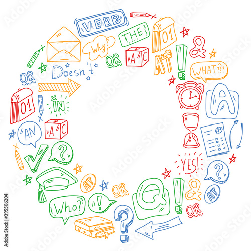 Doodle vector pattern. Illustration of learning English language. E-learning  online education in internet.