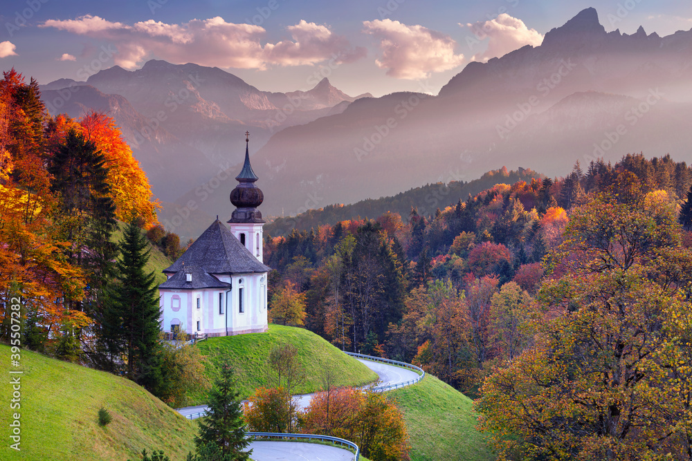 Bavarian Alps. Landscape image of the Bavarian Alps with Maria Gern Church and Watzmann mountain during beautiful autumn sunset.