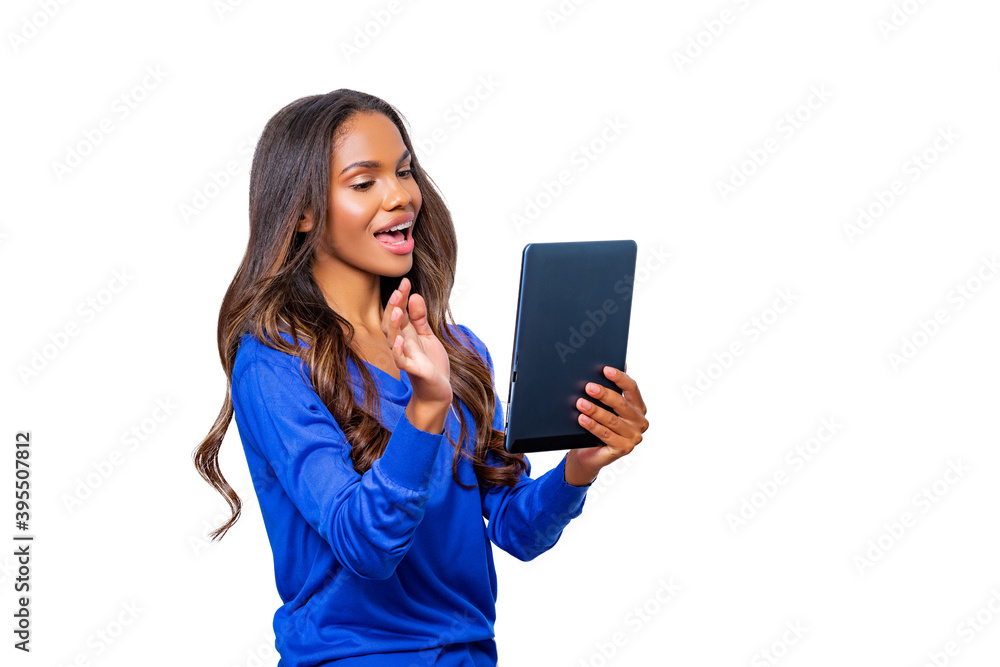Black Woman on Video Call using a digital tablet isolated on white ...