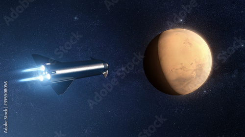 Fototapeta Naklejka Na Ścianę i Meble -  Spaceship in a starfield approaching the planet mars  for exploration and tourism - concept art - 3D rendering - Elements of this image furnished by NASA