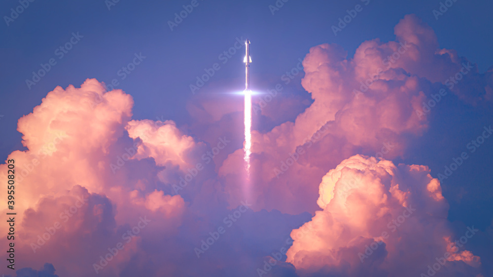 Flying spaceship rocket over the red clouds reaching the orbit winning gravity force in a beautiful sunset horizontal - concept art - 3D rendering  - obrazy, fototapety, plakaty 