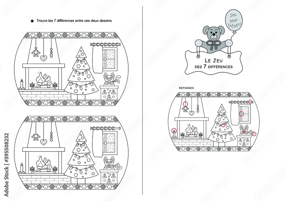 The game of seven differences. Game for kids. Christmas theme. Black and white. French Language.	