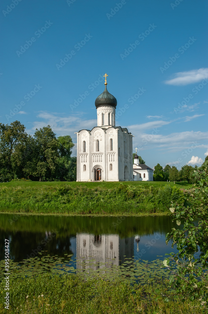 Church of the Intercession of the most Holy Theotokos on the Nerl in summer. Built in the 12th century. Bogolyubovo, Vladimir region, tourist Golden ring of Russia. Historical sights of Russia