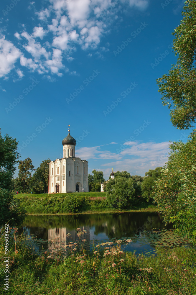 Church of the Intercession of the most Holy Theotokos on the Nerl in summer. Built in the 12th century. Bogolyubovo, Vladimir region, tourist Golden ring of Russia. Historical sights of Russia