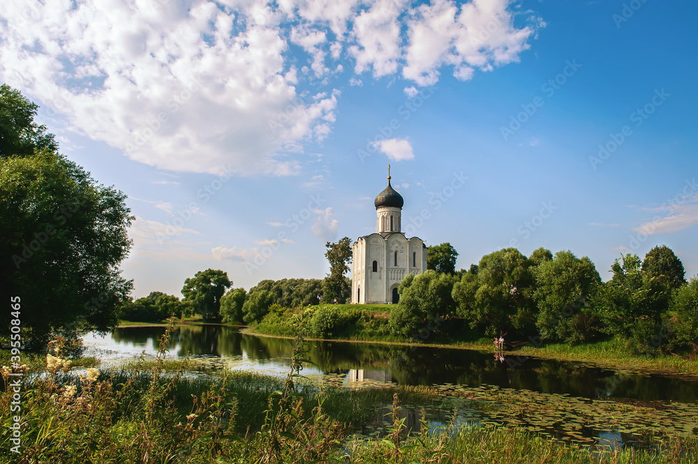 Church of the Intercession of the most Holy Theotokos on the Nerl in summer. Built in the 12th century. Bogolyubovo, Vladimir region, tourist Golden ring of Russia. Historical sights of Russia