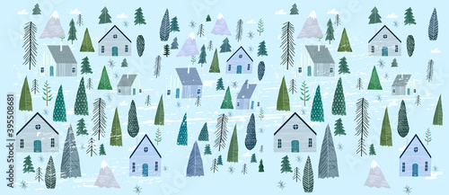 Vector illustration. Winter landscape, mountains, forest, slope houses and ski resort. Scandinavian style illustration.