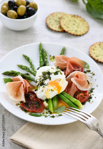 Best Eggs Benedict - Poached eggs with prosciutto, asparagus, sun-dried tomatoes and pesto