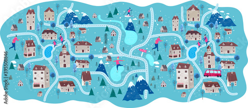 Fototapeta Naklejka Na Ścianę i Meble -  Vector illustration. Winter landscape, city, mountains, forest, slope houses and ski resort. Scandinavian style illustration.