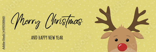 Christmas banner with funny reindeer and greetings. Vector