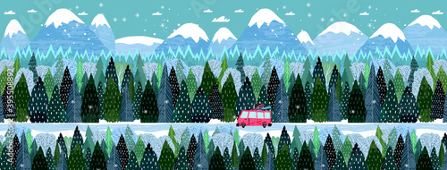 Vector illustration. Winter holidays and tourism. Winter landscape, mountains, forest, slope houses and ski resort. Scandinavian style illustration.