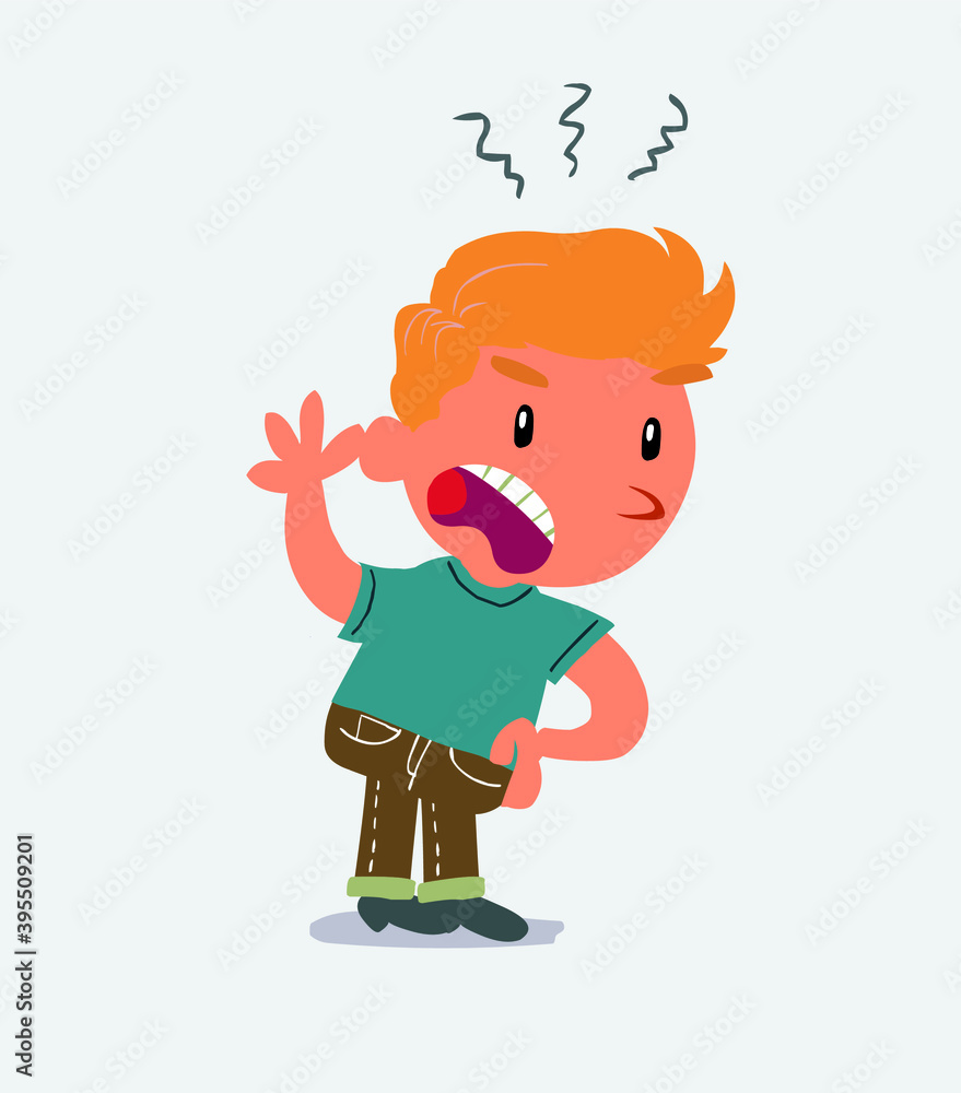 Indigned cartoon character of little boy on jeans vehemently shakes his hand. Indigned cartoon character of little boy on jeans vehemently shakes his hand.