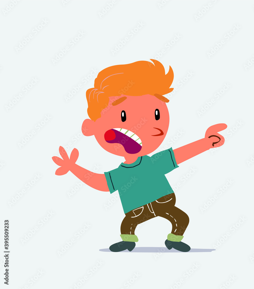 Scared cartoon character of little boy on jeans points to the side Scared cartoon character of little boy on jeans points to the side