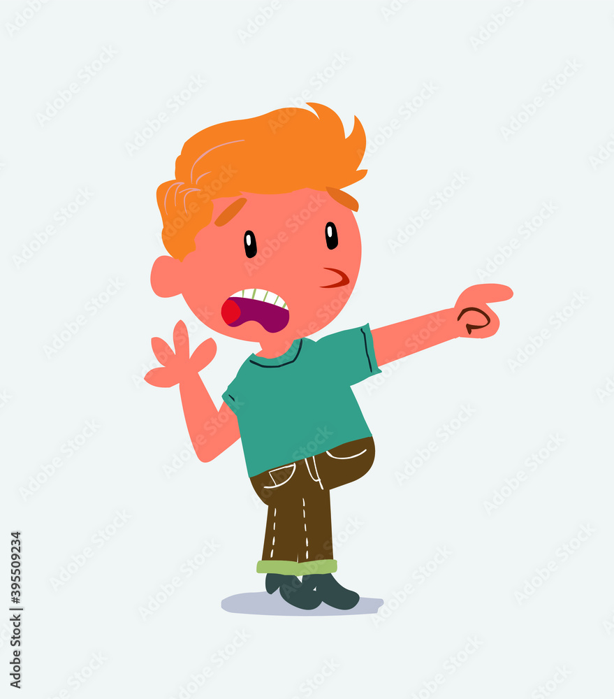 Surprised cartoon character of little boy on jeans pointing at something. Surprised cartoon character of little boy on jeans pointing at something.