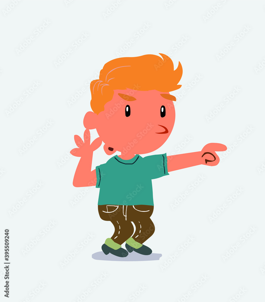 Surprised cartoon character of little boy on jeans points to something
