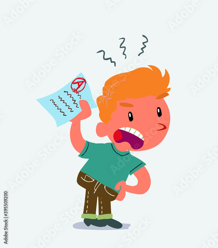  little boy on jeans waving a exam angrily