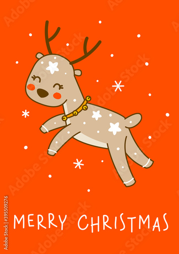 Cute little deer jumping on red background - cartoon character for funny Christmas and New Year winter greeting card and poster design