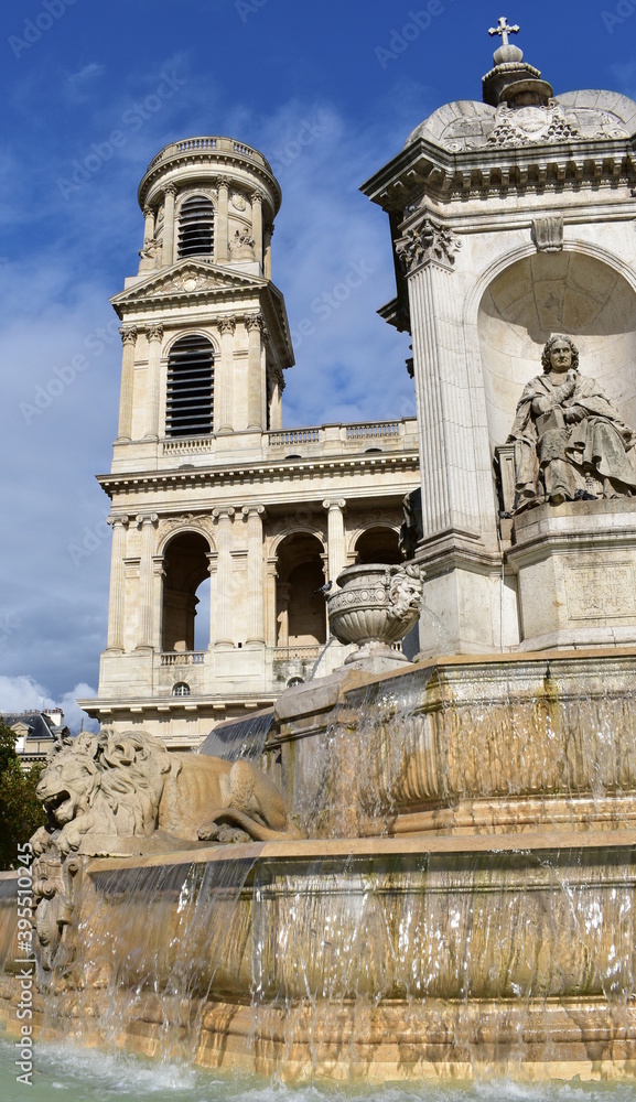 Eglise Saint-Sulpice de Paris neoclassical facade and towers with Fontaine Saint-Sulpice. Paris, France.