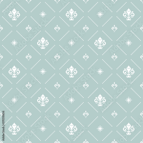 Seamless pattern. Modern geometric ornament with white royal lilies. Classic vintage background