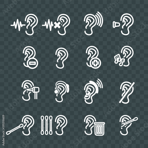 Vector image. Collection of different ears icons. Image of ear care.