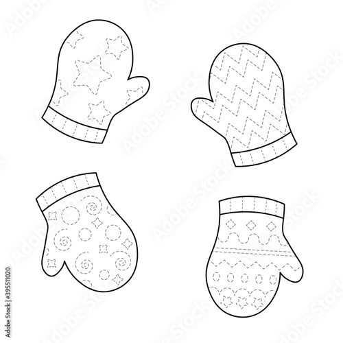 Trace and color winter mittens collection. Handwriting practice for kids isolated on white background