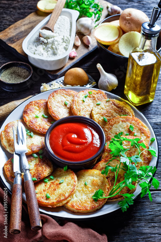Potato pancakes with cottage cheese on a plate