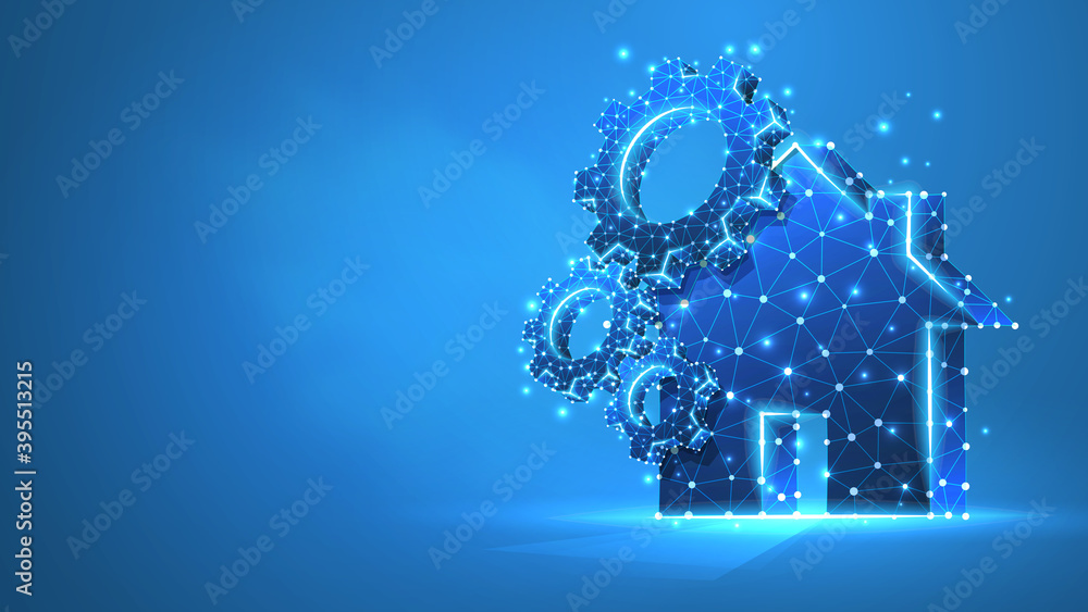 Country house with cogwheels on it. Technology of a hi-tech smart house. Low poly wireframe 3d vector illustration. Abstract polygonal image on blue neon background Country house with cogwheels on it. Technology of a hi-tech smart house. Low poly wireframe 3d vector illustration. Abstract polygonal image on blue neon background