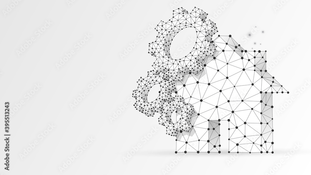 Country house with cogwheels on it. Technology of a hi-tech smart house. Low poly wireframe 3d vector illustration. Abstract polygonal image on white origami background Country house with cogwheels on it. Technology of a hi-tech smart house. Low poly wireframe 3d vector illustration. Abstract polygonal image on white origami background