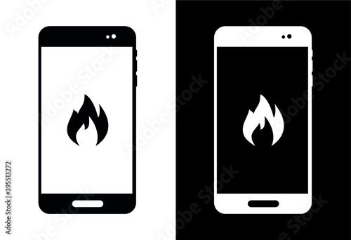 Vector image. Icon of a mobile with a fire symbol.