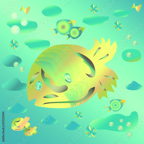 Drawing on the marine theme.  Yellow fish in the blue ocean.  Vector with gradients.