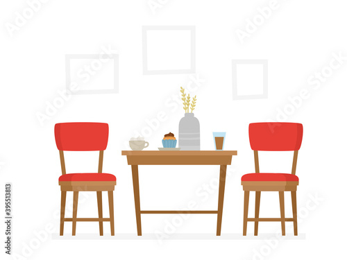 Dining table and red chairs isolated on white