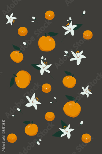Print with oranges and orange blossom flowers. Element for your design. Great poster for the interior of a cafe, room or print for clothes.