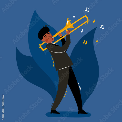 Cartoon vector illustration of trombone player isolated on blue.