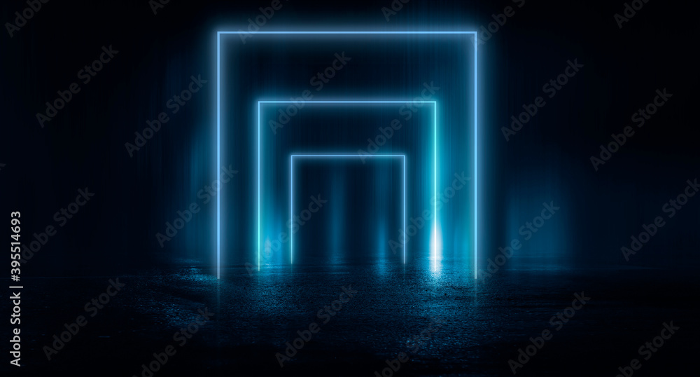 Abstract futuristic neon background, light tunnel, blue neon shapes on a dark background. Night view, space background, cyber reality. Abstract futuristic neon background, light tunnel, blue neon shapes on a dark background. Night view, space background, cyber reality.