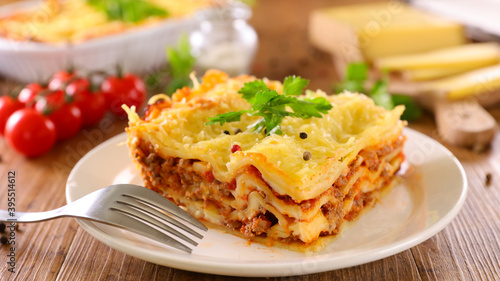 lasagne with minced beef, tomato sauce and cheese