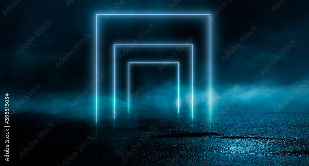 Abstract futuristic neon background, light tunnel, blue neon shapes on a dark background. Night view, space background, cyber reality.