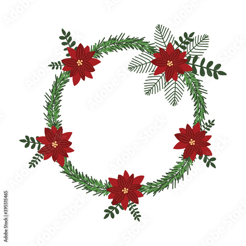 Christmas wreath decorated with holly and berries. Design decoration for Merry Christmas holiday. Vector illustration