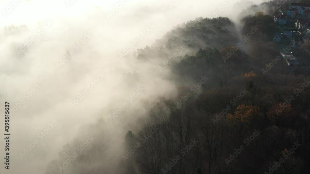 Drone aerial view of foggy morning. Kaunas county, Lithuania Drone aerial view of foggy morning. Kaunas county, Lithuania